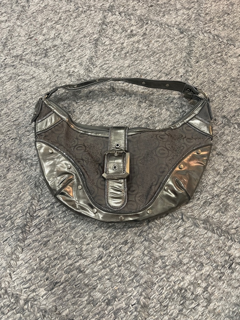 Sleek Metallic Gray Shoulder Bag with Buckle Accent